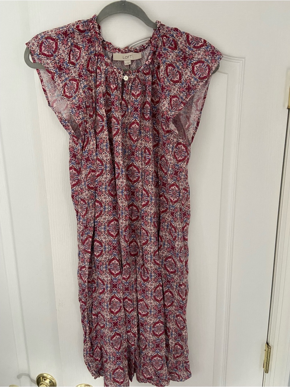 LOFT Pink and Blue Printed Midi Dress